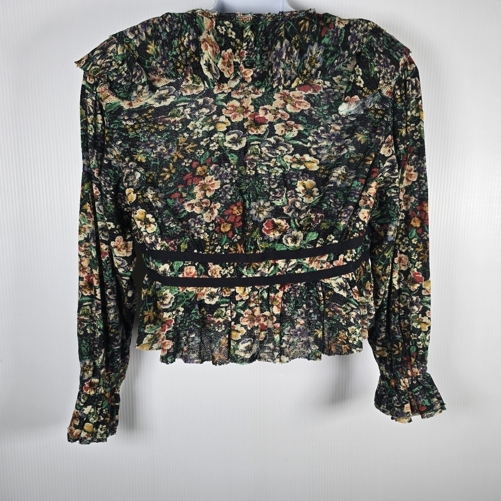 NWT Free People Rudi Ruffle Top In Green & Black Long Sleeve Cropped Size XS - Picture 3 of 16